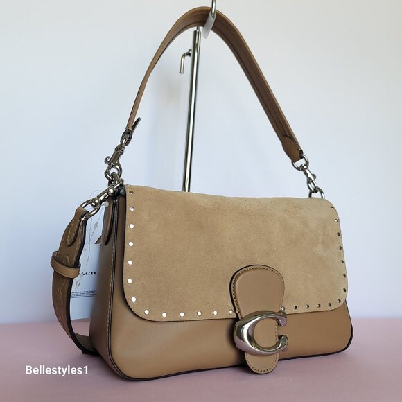 COACH Tabby Soft Suede & Leather Shoulder Bag With Rivets And Tooling- Peanut⭐ - Picture 4 of 16